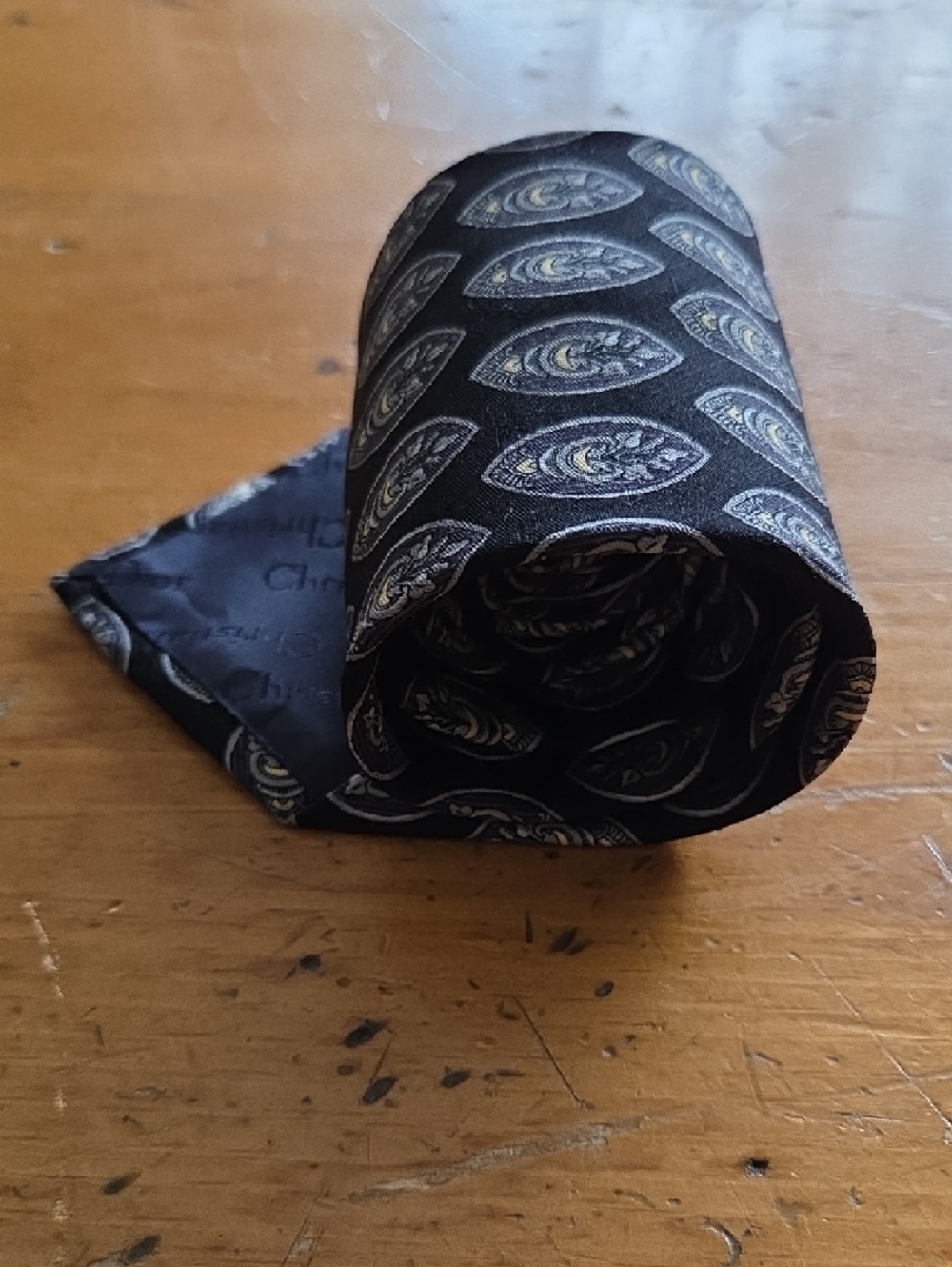 Dior 100% Silk Black Tie with Silver & Gold Medallion Motif - Picture 6 of 7
